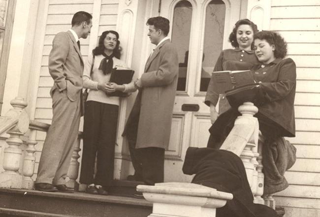 Students gather on Utica College's first campus on Oneida Square